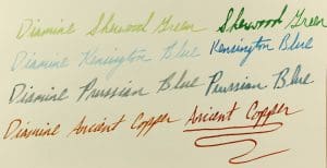 Handwritten ink samples in various colors.
