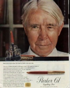 Elderly man with Parker 61 pen advertisement.