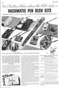 Vintage Parker Vacumatic pen desk sets advertisement.