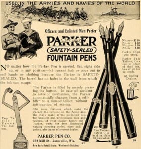 Vintage Parker fountain pens advertisement with soldiers.