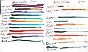 Colorful ink swatches with handwritten labels.