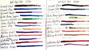 Ink color swatches with handwritten labels.