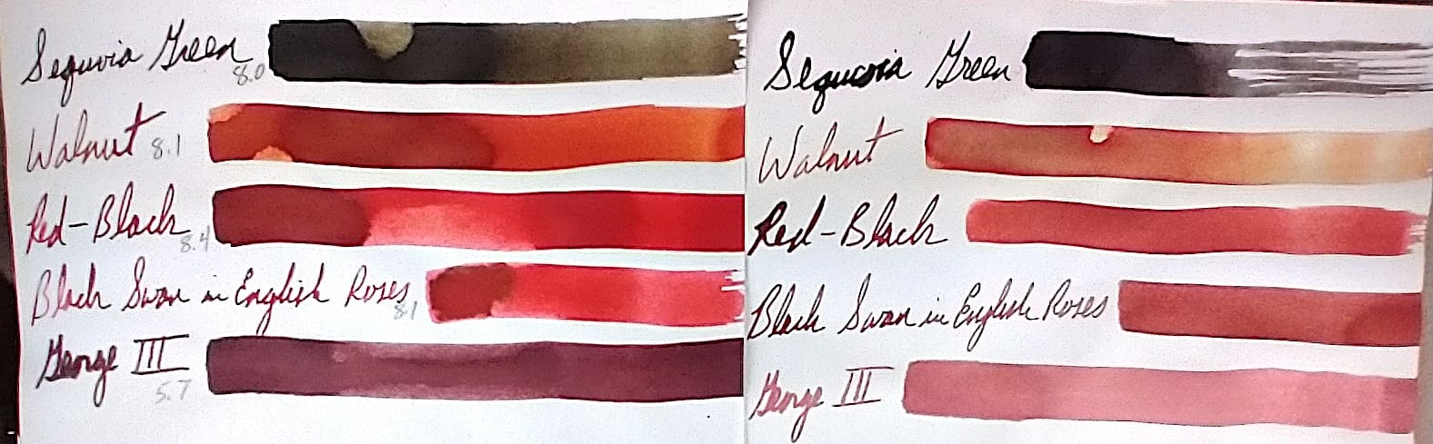 A collection of paint swatches with handwritten color names on paper.